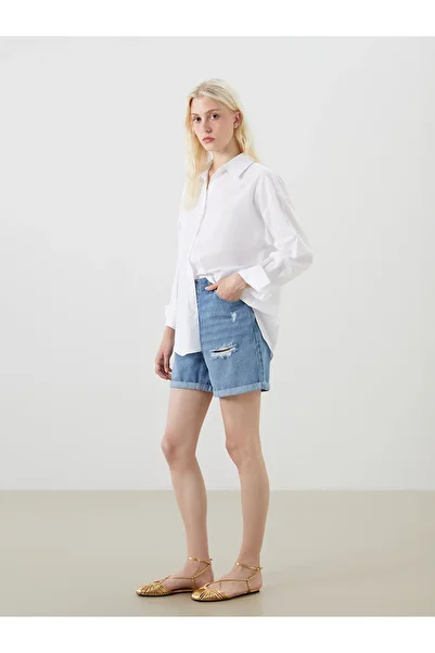LC Waikiki Boyfriend fit ripped detail women's jean shorts