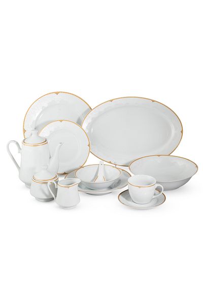 Dania 49-piece porcelain dinner set, white with gold line, serves 6 people