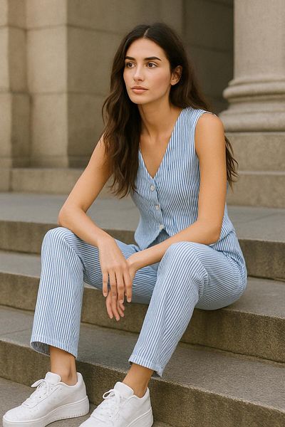 Green Hill Blue-White Striped Button Front Vest Pants Suit