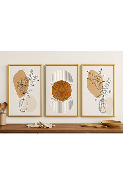 seninürünün Solace - Gerçek Cama Baskı Gold Alüminyum Metal Çerçeveli 3'lü Modern Tablo