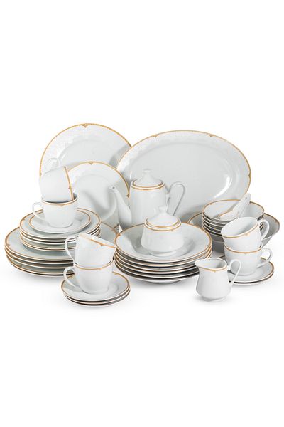 Dania 49-piece porcelain dinner set, white with gold line, serves 6 people