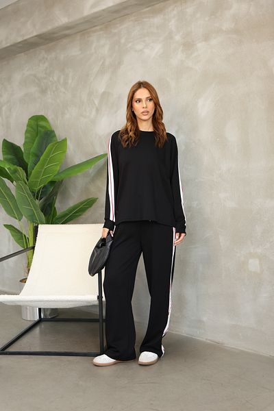 sportiness Wide Leg Modal Fabric Tracksuit Set with Piping Stripe Detail