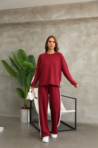 sportiness Wide Leg Modal Fabric Tracksuit Set with Piping Stripe Detail