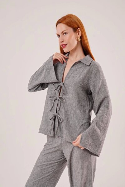ASH GİYİM    Front Tie Detailed Trousers and Shirt Anthracite Double Suit