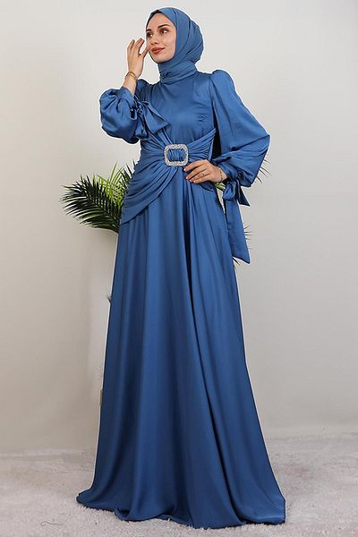 GİYZAMİLA Indigo Dress with Stone Buckle on the Front