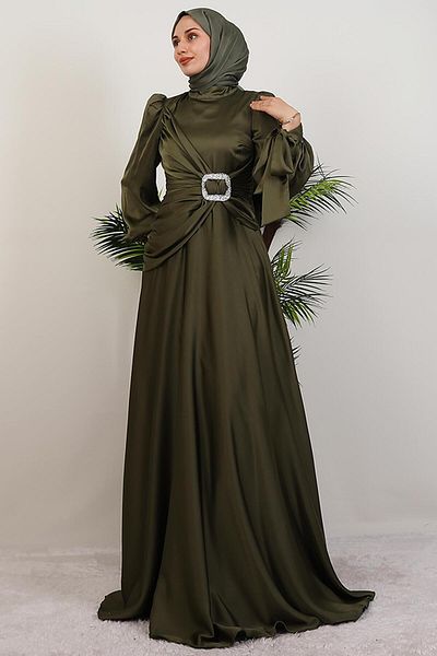 GİYZAMİLA Khaki Dress with Stone Buckle on the Front