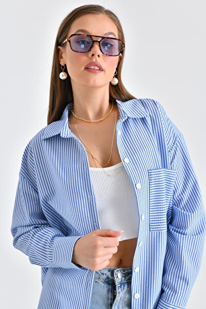 Saade Çizgili Tek Cep Bürümcük Kumaş Dokuma Gömlek