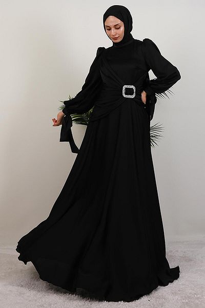 GİYZAMİLA Stone Buckle Front Dress Black