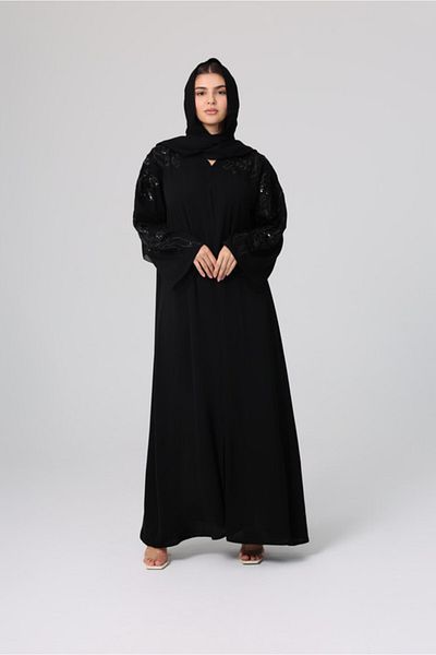 IKKXA Luxury Beaded Sleeves Embroidery Solid Abaya