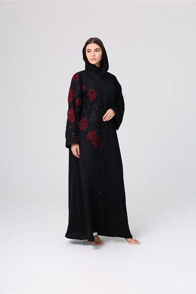 IKKXA Embroidery Red Roses Beaded Abaya