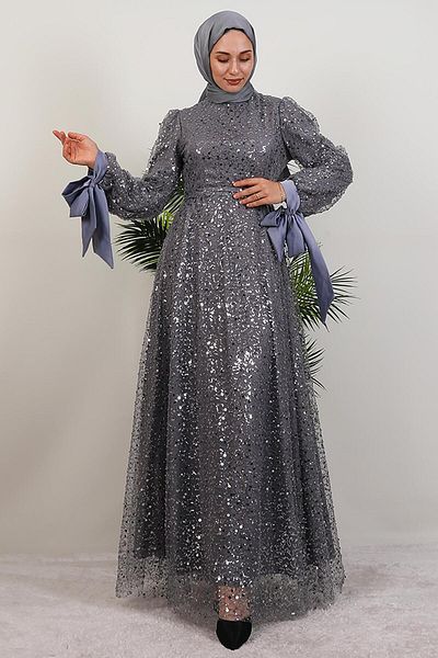 GİYZAMİLA Betül Hijab Evening Dress Gray