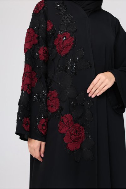 IKKXA Embroidery Red Roses Beaded Abaya