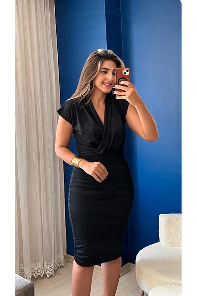 modamtn Women's Short Sleeve Double Breasted Crepe Dress (Without Belt)