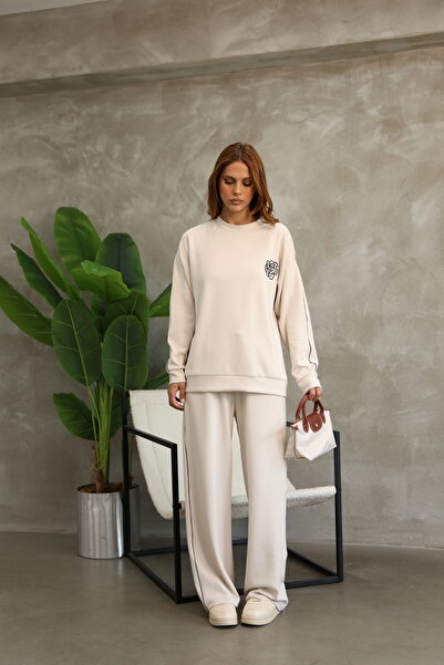 02Lady Fashion Σετ αθλητική φόρμα με μοτίβο τριαντάφυλλου Oversize Wide Leg Modal