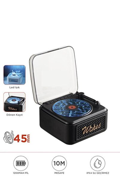 Başkenttekno Nostalji Plak Görünüm Mini Dekor Waves BT Işıklı Müzik Çalar Saa...