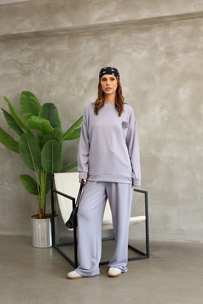 02Lady Fashion Rose Patterned Piping Oversize Wide Leg Modal Fabric Tracksuit Set