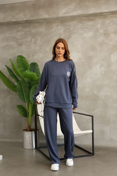 sportiness Floral Patterned Piping Oversize Wide Leg Modal Fabric Tracksuit Set