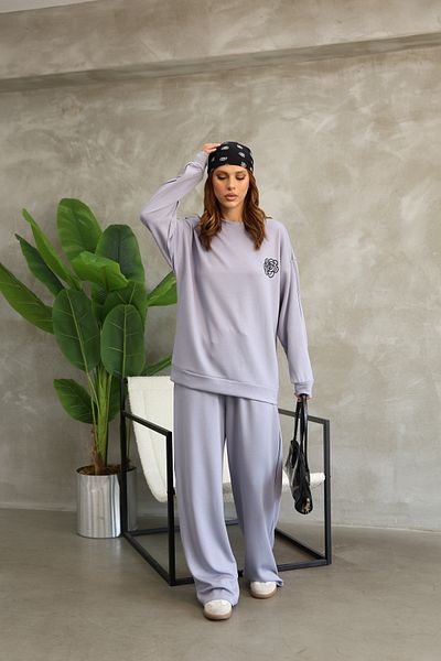 02Lady Fashion Rose Patterned Piping Oversize Wide Leg Modal Fabric Tracksuit Set