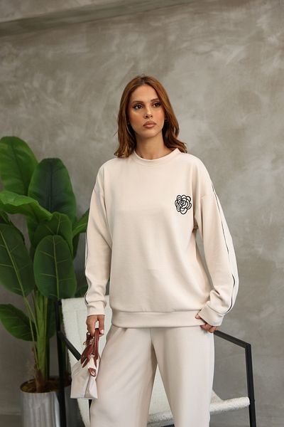 02Lady Fashion Rose Patterned Piping Oversize Wide Leg Modal Fabric Tracksuit Set