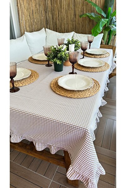 Decamor home Linen Stain Resistant Beige Gingham Ruffled Table Cloth
