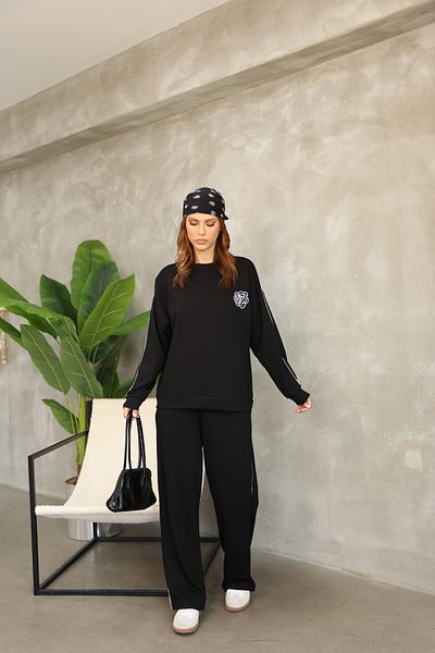 02Lady Fashion Rose Patterned Piping Oversize Wide Leg Modal Fabric Tracksuit Set