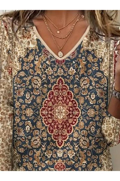 modamtn Women's Three Quarter Sleeve V Neck Ethnic Patterned Single Jersey Blouse
