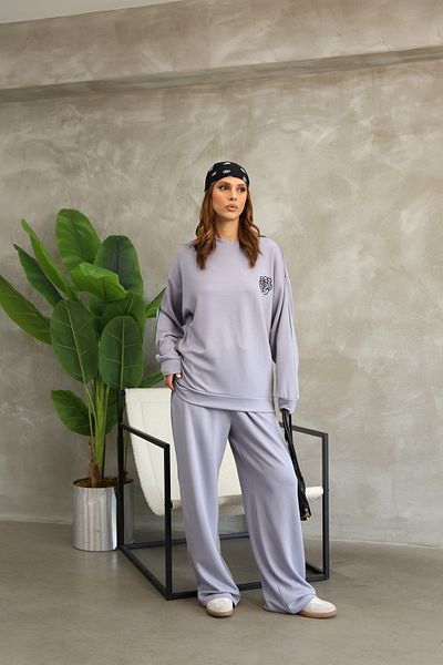 sportiness Floral Patterned Piping Oversize Wide Leg Modal Fabric Tracksuit Set