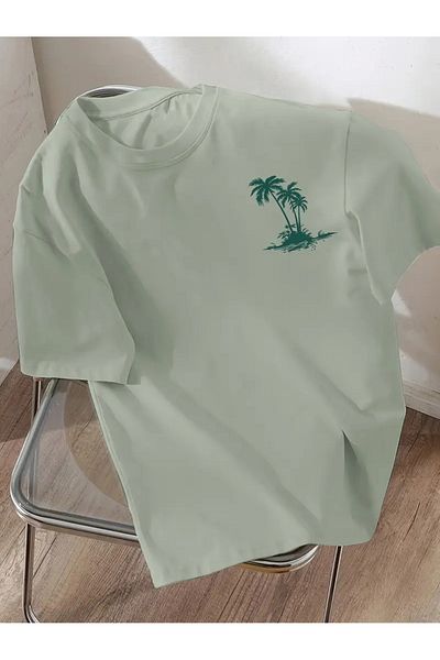 aynewmoda Boy's Light Green Palm Print T-Shirt - Casual and Comfortable Short Sleeve, Relaxed