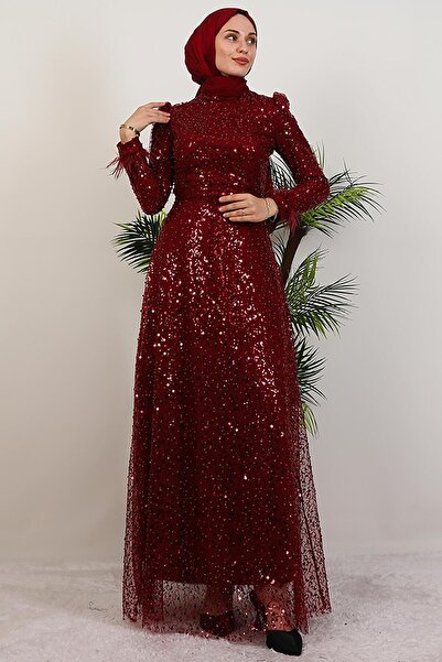 GİYZAMİLA Φόρεμα με πούπουλα με παγιέτες Claret Red