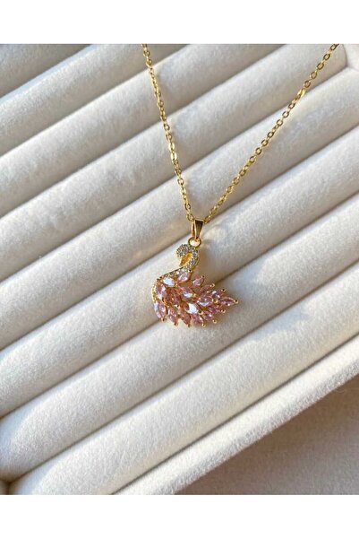 EBRULY HEDİYELİK Gold Color Swan Detailed Minimal Zircon Stone Chain Stainles...