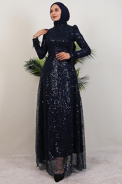 GİYZAMİLA Feather Sequin Dress Navy Blue