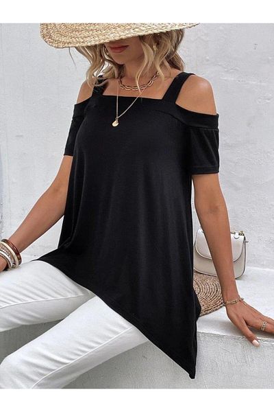 modamtn Women's Short Sleeve Off-The-Shoulder Strap Asymmetrical Cut Viscose Blouse