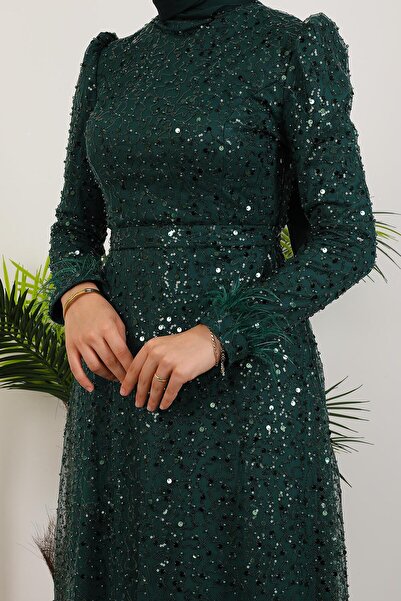 GİYZAMİLA Φόρεμα με πούπουλα σμαραγδένιο
