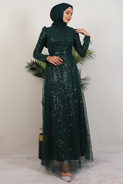 GİYZAMİLA Feathered Sequin Dress Emerald