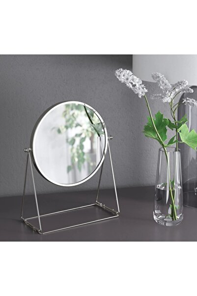 IKEA QUİCK Çift Taraflı Dönebilen Makyaj Aynası Çap 17 cm Büyüteçli Masa Üstü Ayaklı Ayna Gümüş Renk
