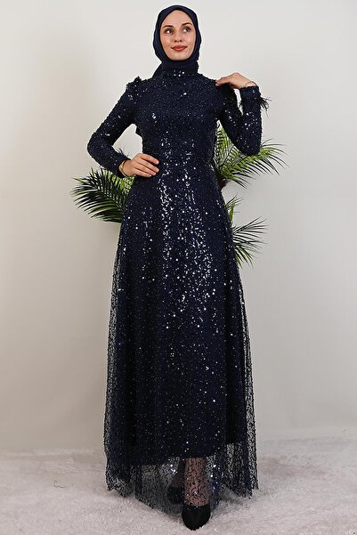 GİYZAMİLA Φόρεμα με πούπουλα με παγιέτες Navy Blue