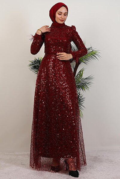 GİYZAMİLA Φόρεμα με πούπουλα με παγιέτες Claret Red