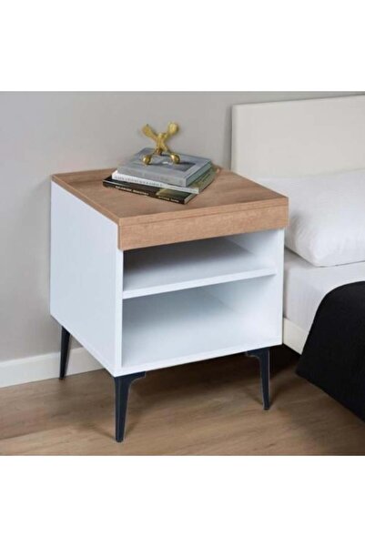 BAITY طاولة سرير أنيقة مع رفين، مصنوعة من الخشب الماليزي - الأبيض والخشب