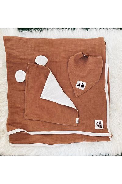 GOER STORE Teddy Bear Detailed Muslin Cover-Neck Collar-Mouth Wipe Set of 3