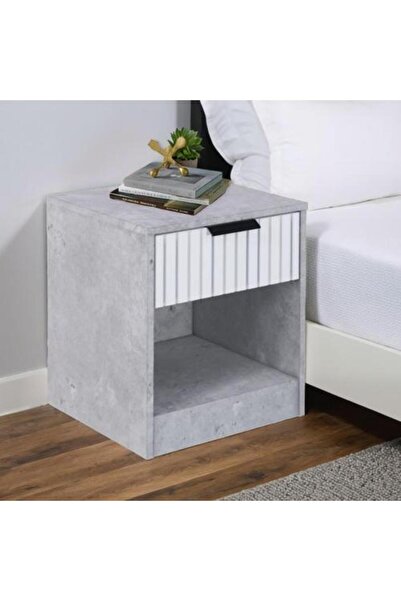 BAITY طاولة جانبية بجانب السرير مع درج - رمادي وأبيض