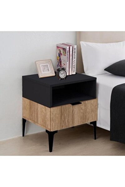 BAITY طاولة سرير خشبية ماليزية حديثة مع درج - أسود وخشبي