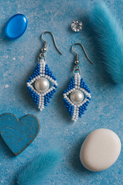 puffydik Mavi Beyaz İncili Boncuk Küpe – El Yapımı