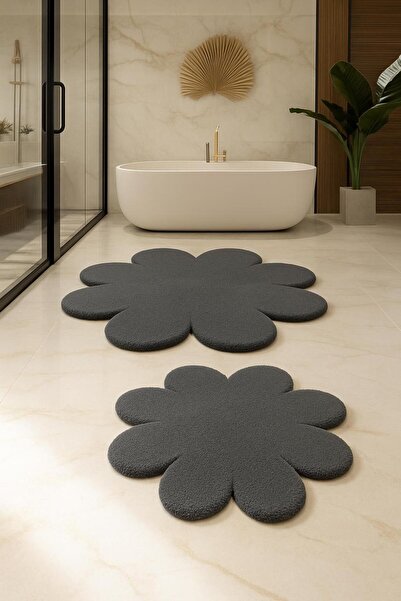 BESELY 2'Li Koyu Gri Banyo Halısı Yumuşak Post Peluş Klozet Takımı Makinede Y...