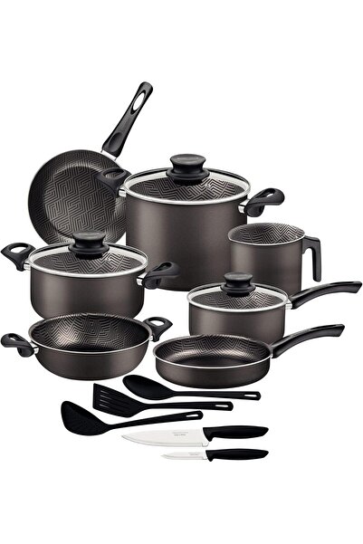 TRAMONTINA طقم أواني طهي باريس من الألومنيوم بلون الرصاص، مكون من 15 قطعة، مع ستارفلون داخلي وخارجي