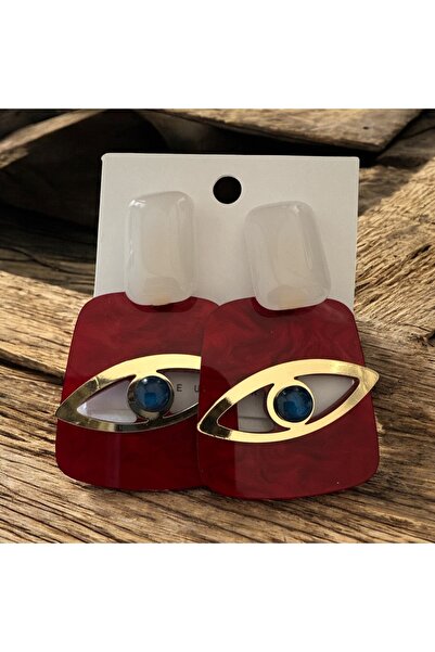 Mojo Jewellery Kırmızı Asetat Nazar Boncuklu Küpe Altın Detaylı Modern Tasarım – Kadın Takı Aksesua