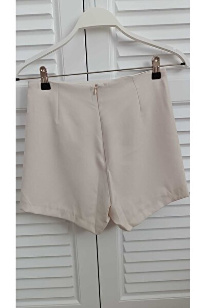KAROL Asymmetrical Cut Beige Lycra Shorts Skirt with One Side Drape Detail