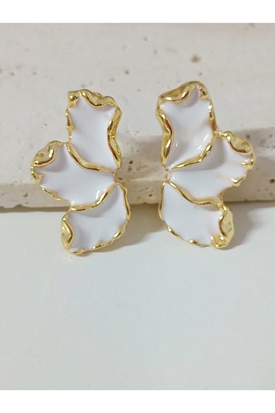 mos&more White Enamel Gold Half Leaf Small Earrings