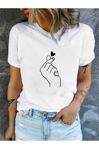 İSMTEXS تي شيرت من القطن الممشط مطبوع عليه رسومات يد وقلب بأكمام قصيرة للجنسي...