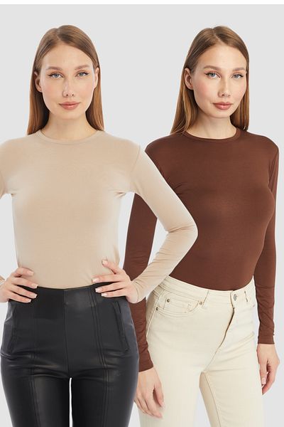 LAENT Women's Cream Brown Round Neck 2-Piece Bodysuit