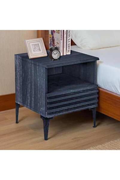 BAITY طاولة جانبية للسرير - خشب ماليزي مع درج تخزين - مخطط باللونين الأسود وا...